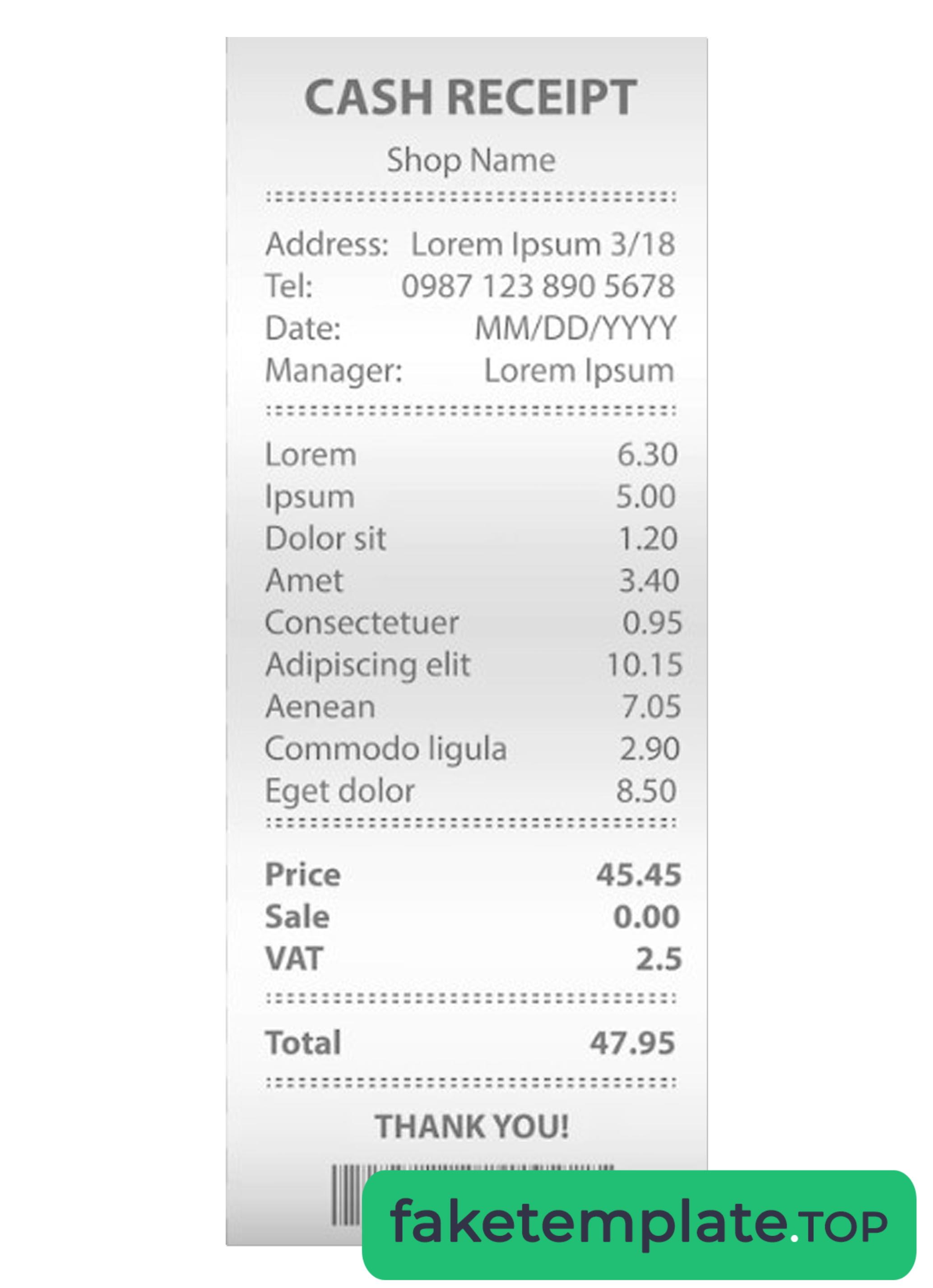 Feature of fake CASH receipt example sample